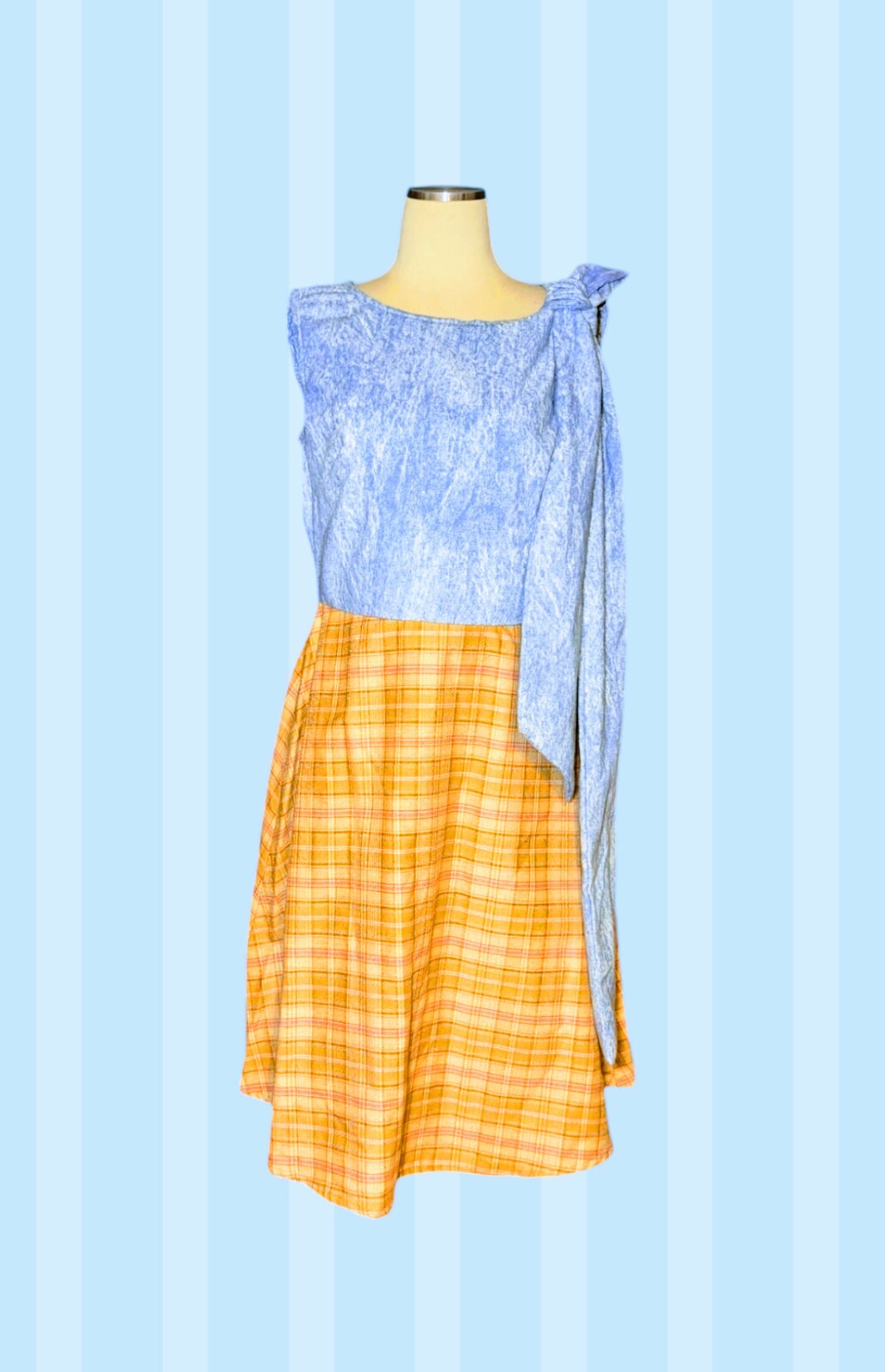 VTG 70s HOMEMADE Barkcloth Fit & Flare Dress TIE BOW Orange Plaid Blue Denim