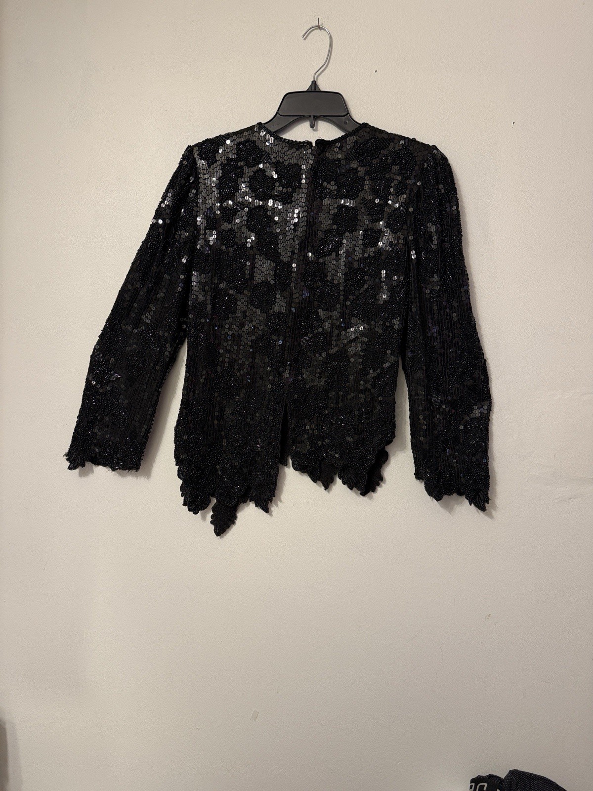 Frank Usher London Black Sequin Beaded Silk Top Small Zipper Back Vintage
