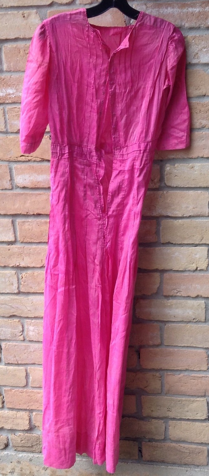 VTG 20s/ 30s? Bright Pink Long Dress Hand Dyed Sz XS? 24&Prime; W DAMAGED HOLES AS-IS