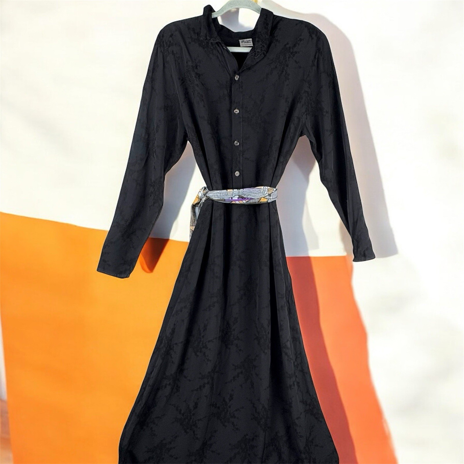 VTG CP Shades Black Embroidered Long Sleeve Sheath Dress Sz M Half Button 90s