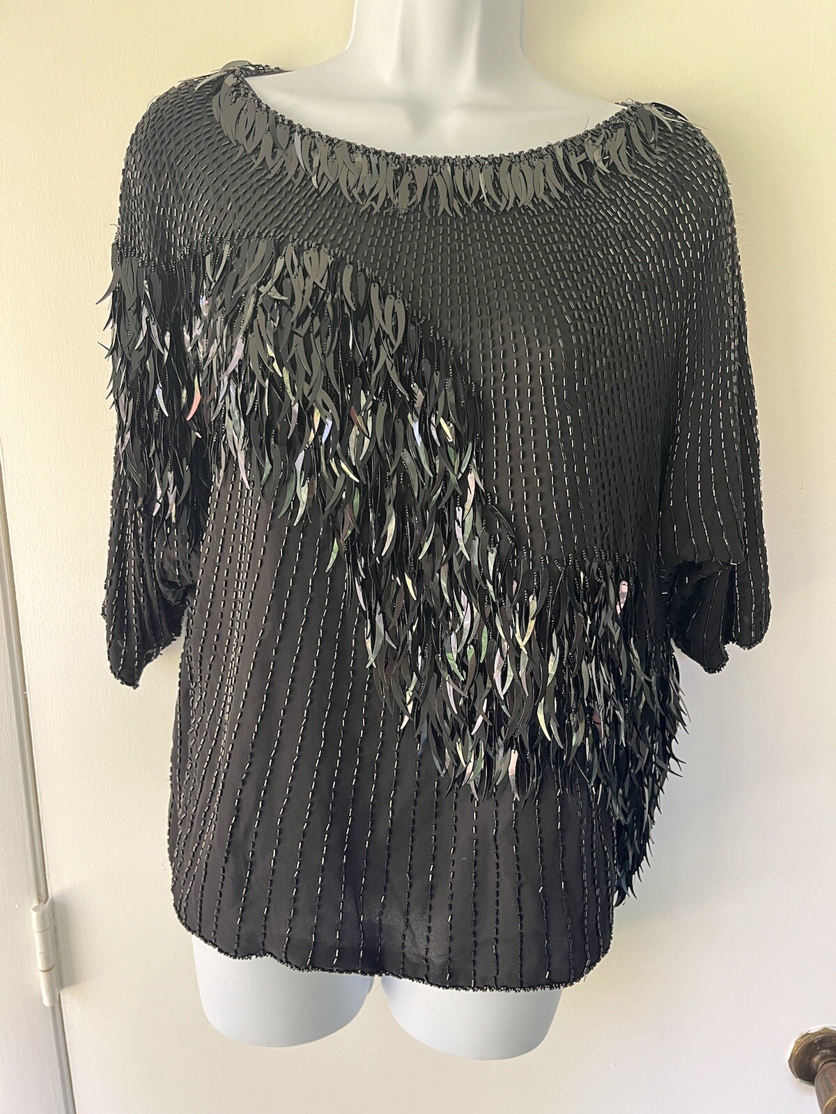 Silk Sequin Vintage Oleg Cassini Beaded Top Black Tie Medium Formal Party