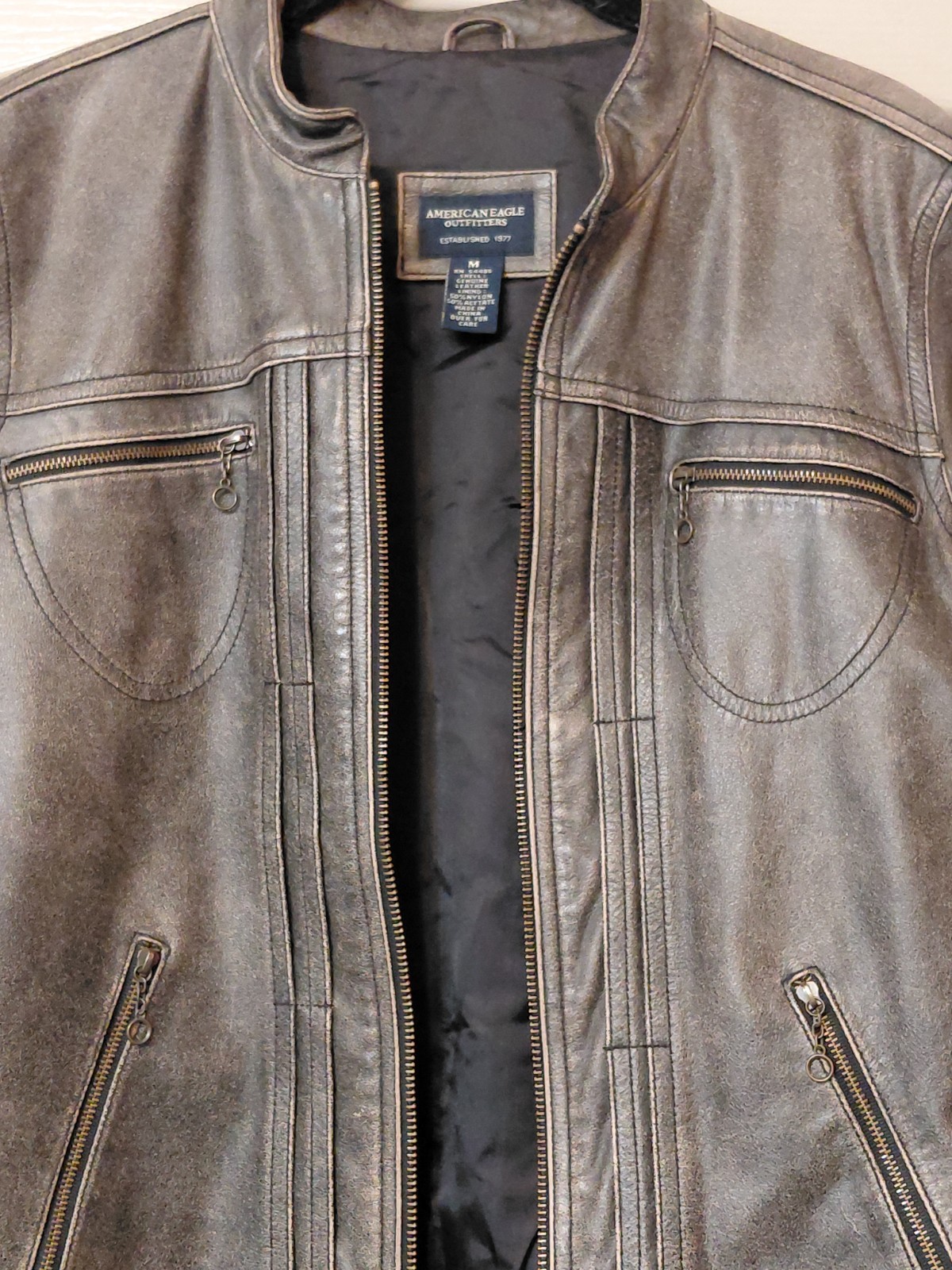American Eagle Vtg Leather Biker Jacket Brown Distressed Cafe Racer Women&rsquo;s Med