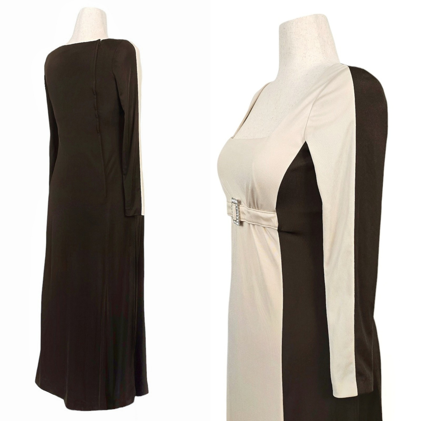 1970s Vintage Dress 70s Formal Eva Gabor Colorblock Brown S/M Small Medium Belt