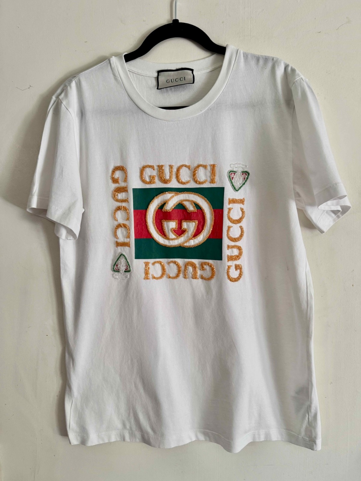 Vintage GUCCI Embellished Fancy Beaded T-Shirt Logo Exc Cond! sz L
