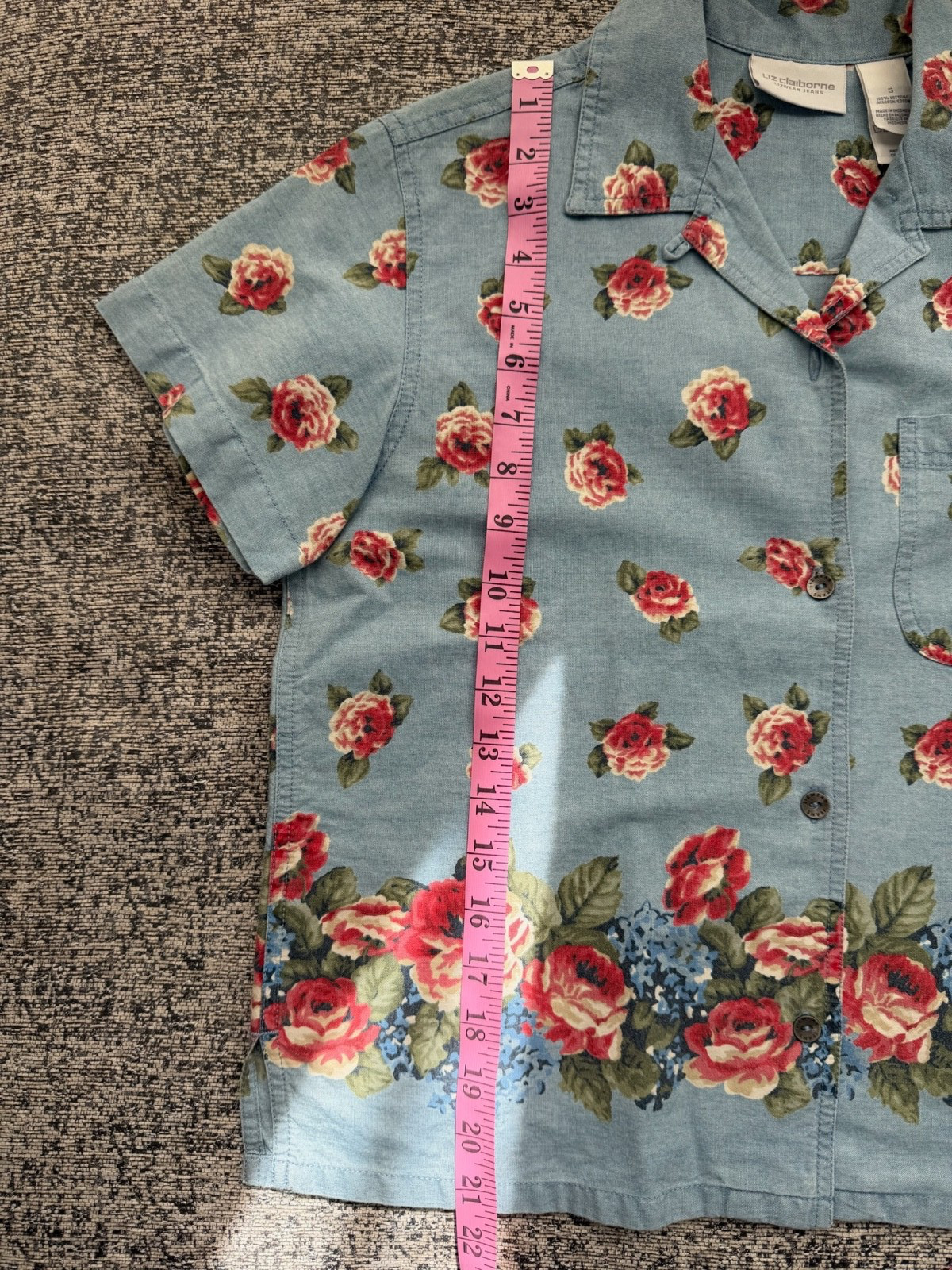 Vtg 90s Shirt Chambray Button Up Floral Cottagecore Roses Blue Cotton S/M