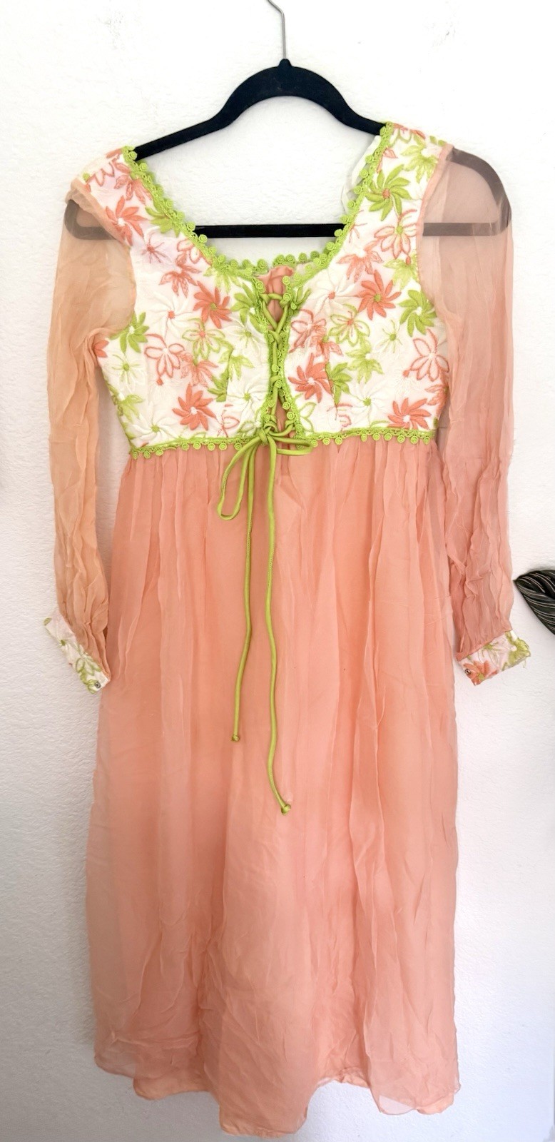 Vintage 60s Dress Embroidered Floral Chiffon Union Made Lace Up Bodice Boho READ