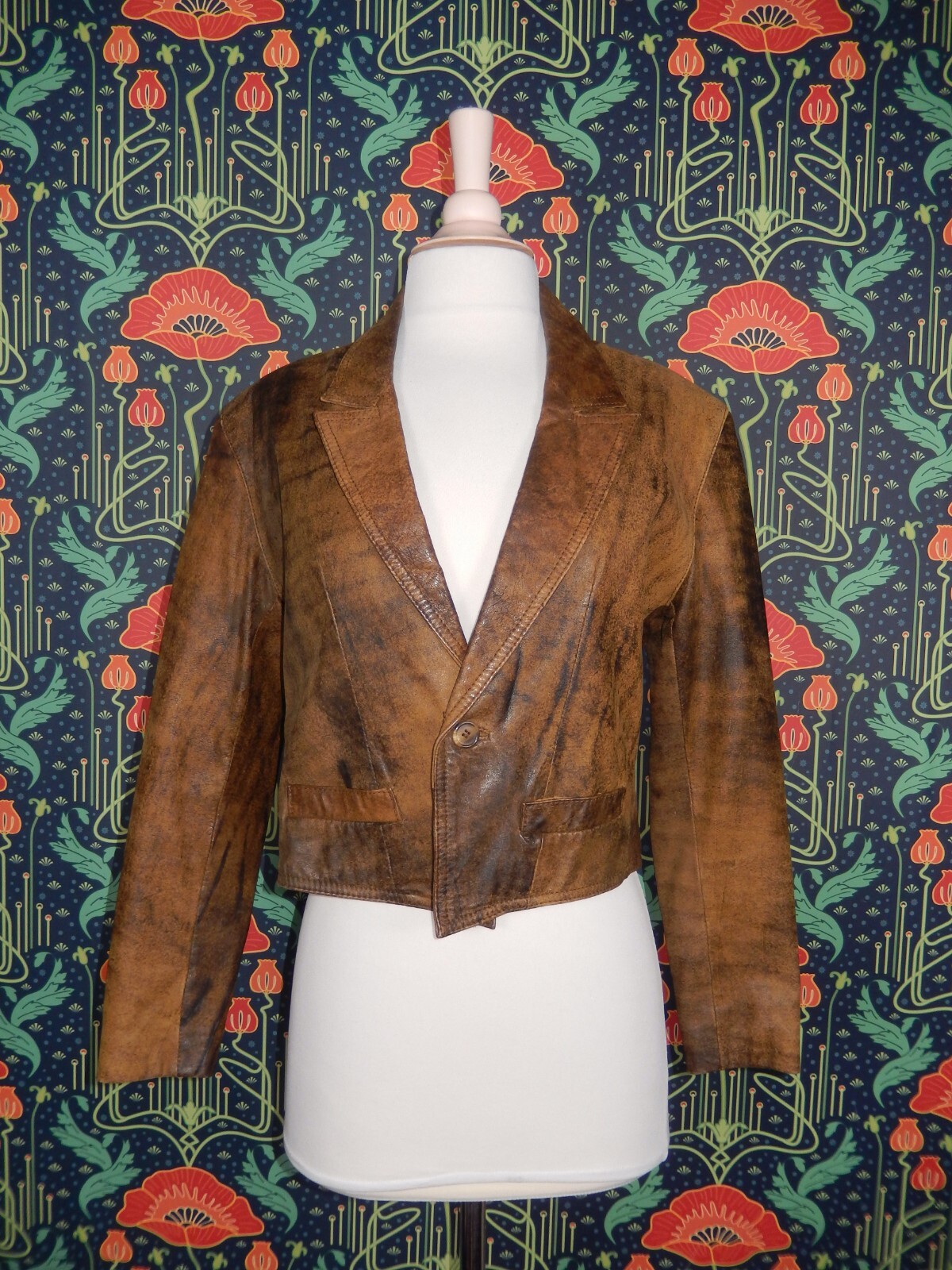 Vintage 80&rsquo;s 90&rsquo;s Brown Cropped Distressed Leather Single Button New Wave Jacket
