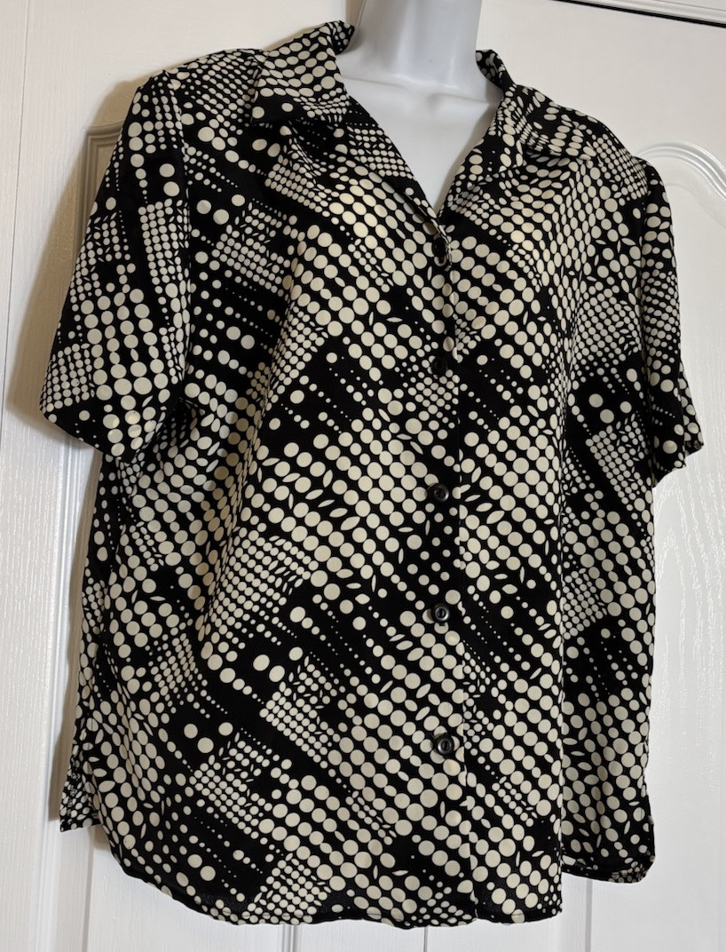 Vintage Y2K Leslie Fay Button Up Shirt Black w Ivory Dots 80&rsquo;s 90&rsquo;s Y2K Size 16W