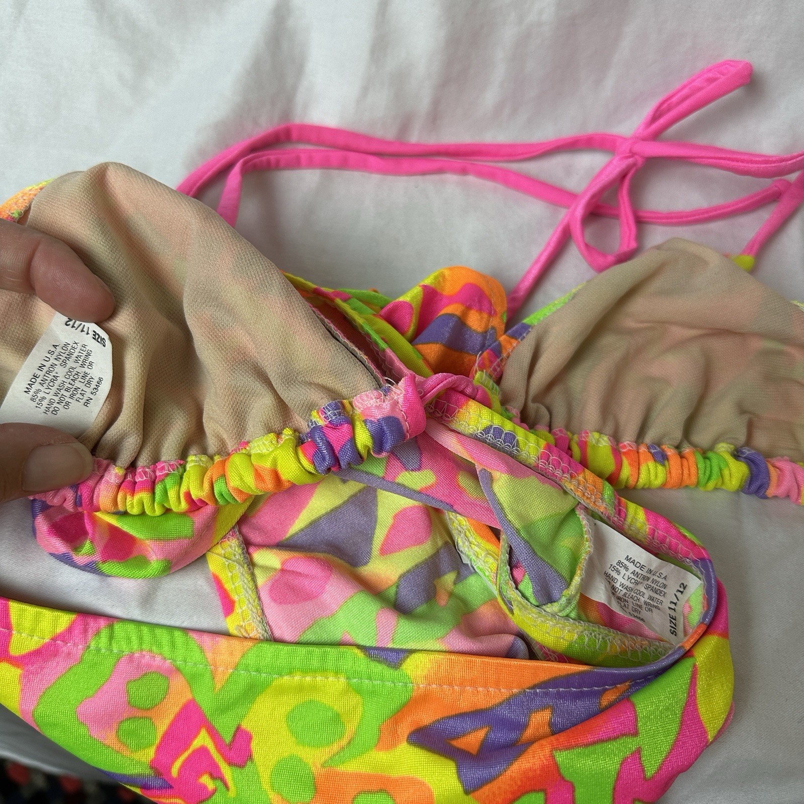 Vtg 90s St Tropez String Bikini Swimsuit Neon Abstract Sz 11/12 Triangle Tie