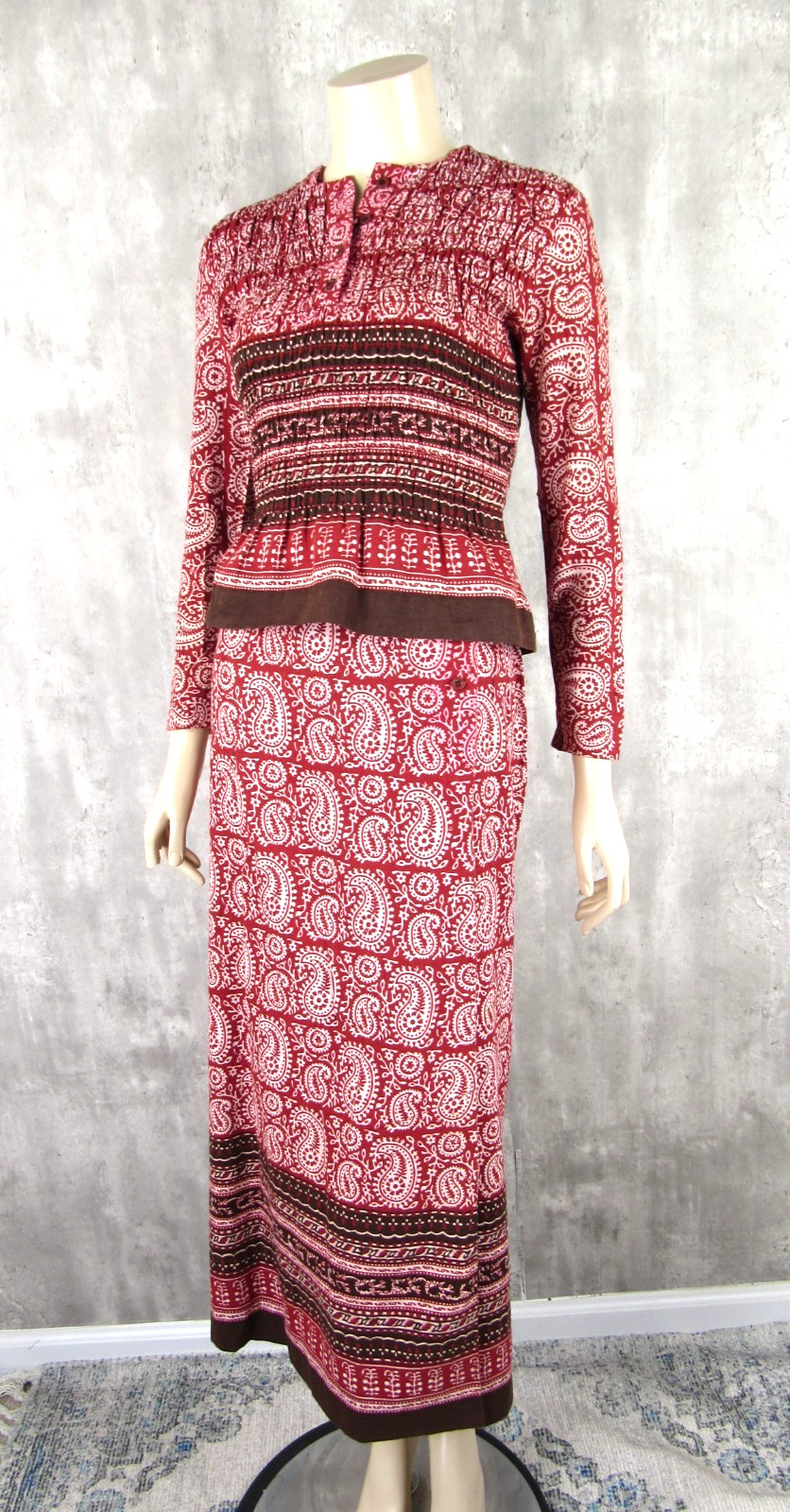 Vintage 70s Bonwit Teller 2pc India Hand Block Cotton Top Wrap Skirt Small