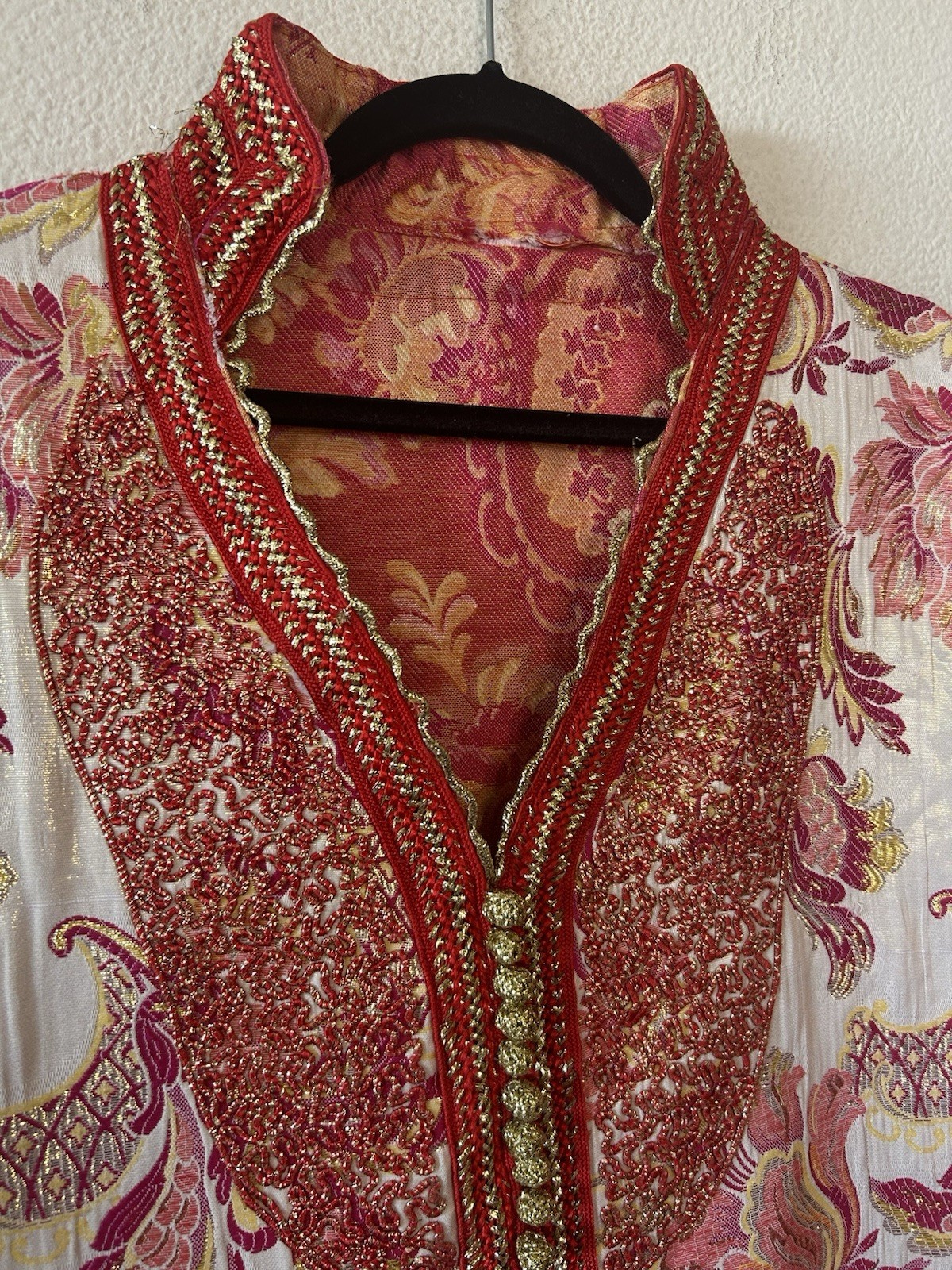 Vintage 1970’s Moroccan Brocade Kaftan Maxi Dress Pink Gold Embroidered L/XL
