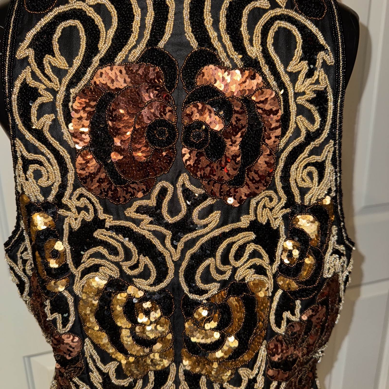 VINTAGE 80&rsquo;s Silk Beaded Sequin Vest BLACK TIE BY HE-RO Black Gold Copper L