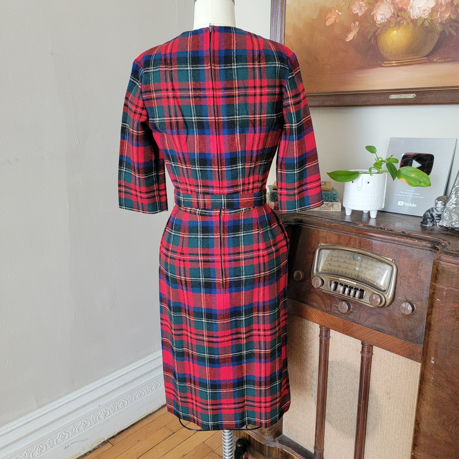 Vintage Pendleton Wool Red Plaid Wiggle Belted Dress 1950s 1960s Small USA