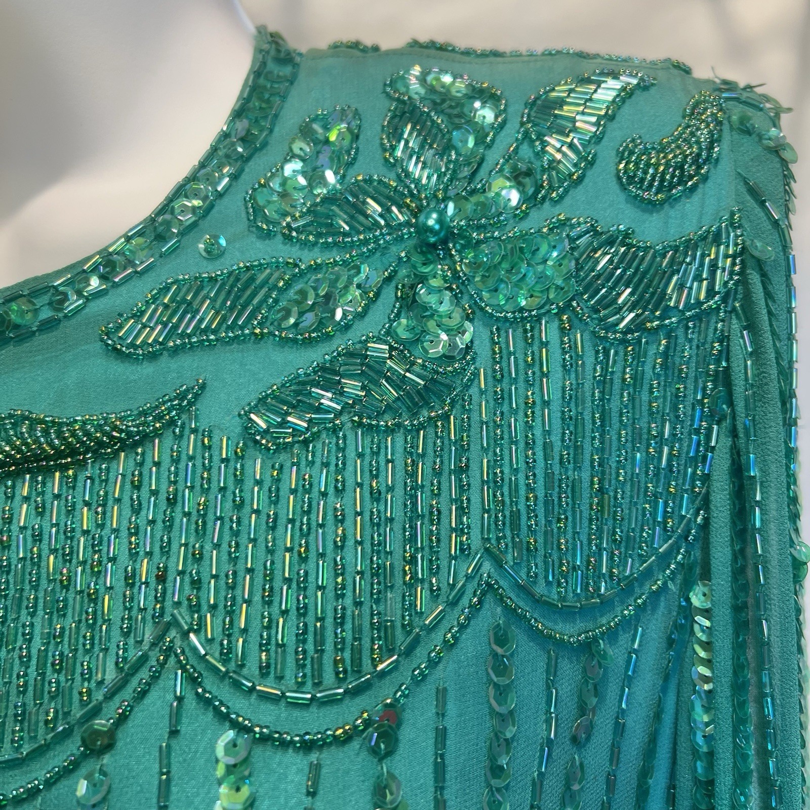 Vintge NADINE Boutique Medium Silk Hand Beaded Embellished Cocktail Dress Green