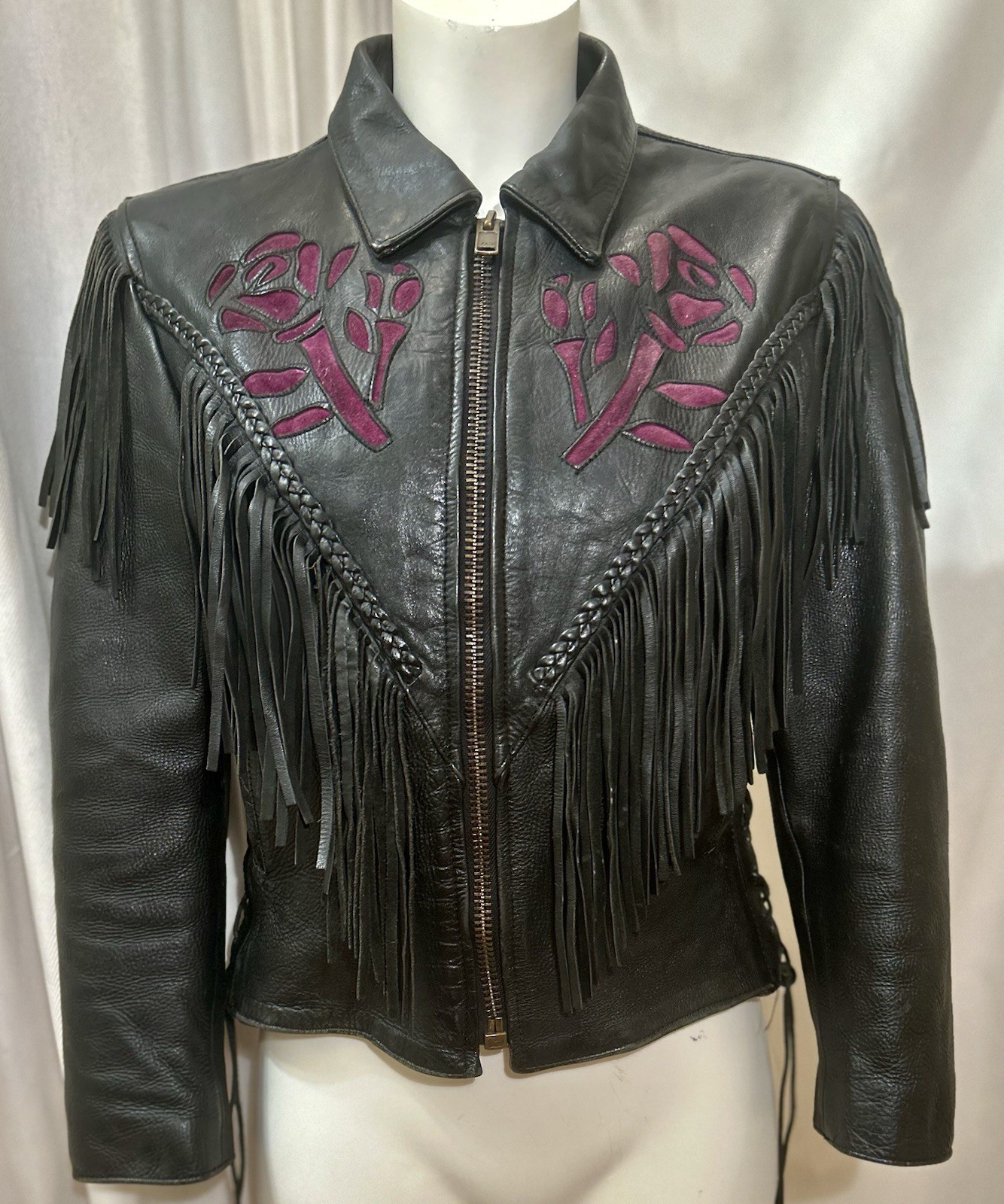 Vtg 90s Black Leather Biker Moto Punk Goth Fringe Suede Rose Jacket Coat SZ XS/S