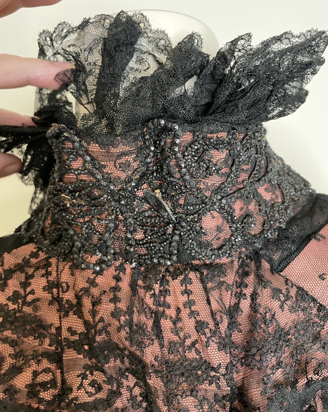 Antique 1800s 1900s Victorian Cape Pink & Black Chantilly Lace Beaded Ruffles OS