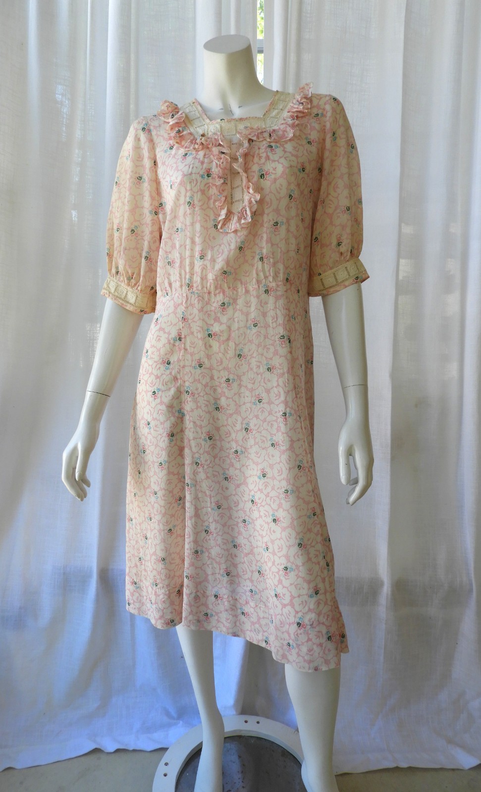 Vtg 1930&rsquo;s Cotton House Dress Pink & White Floral Dropped Waist sz S/M
