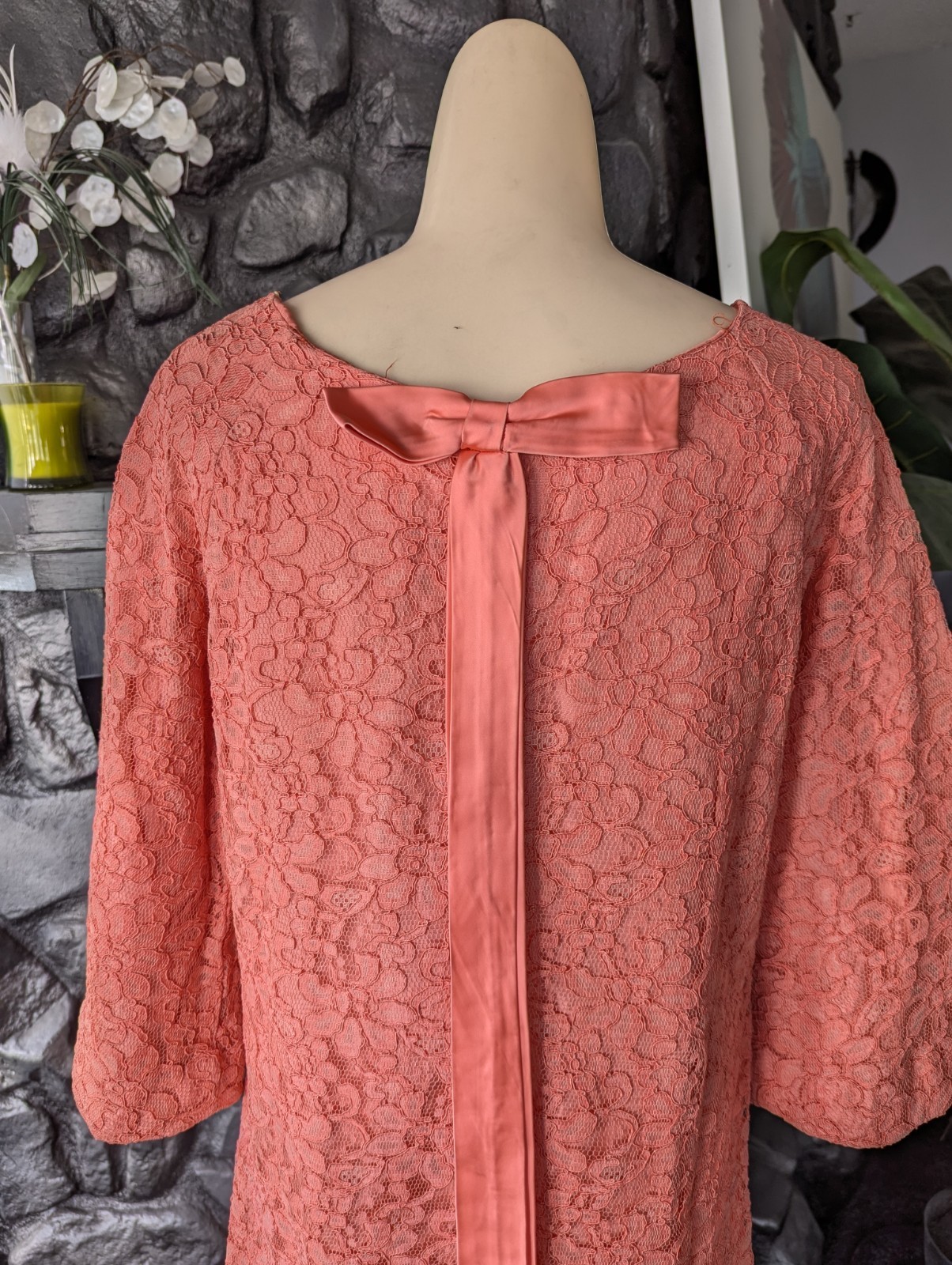 Vtg 60s Coral Peach Lace A-line Dress Bell Sleeves Satin Bow Sz M Party Cocktail
