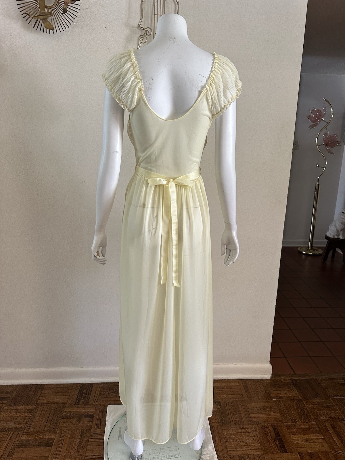 1970s Edwards Yellow Lace Nylon Gown Pleated Prairie Romantic Maxi Dress VTG