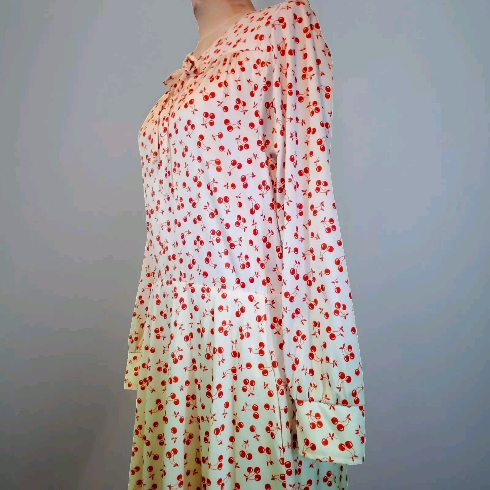 VTG 70s Novelty Cherries Print Midi Secretary Dress w Skinny Bow Elastic Waist M