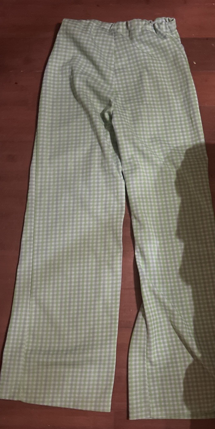 Vintage 1970 Womens Bell Bottom Polyester Pants Green,Grey,& White Hounds Tooth