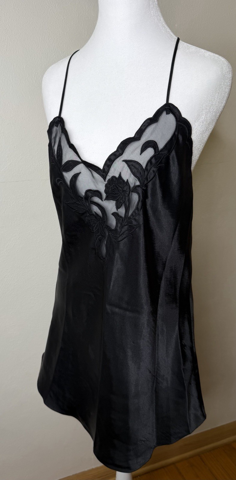 Vintage Lingerie Cacique Satin Slip Dress Women’s Size Medium Black Floral