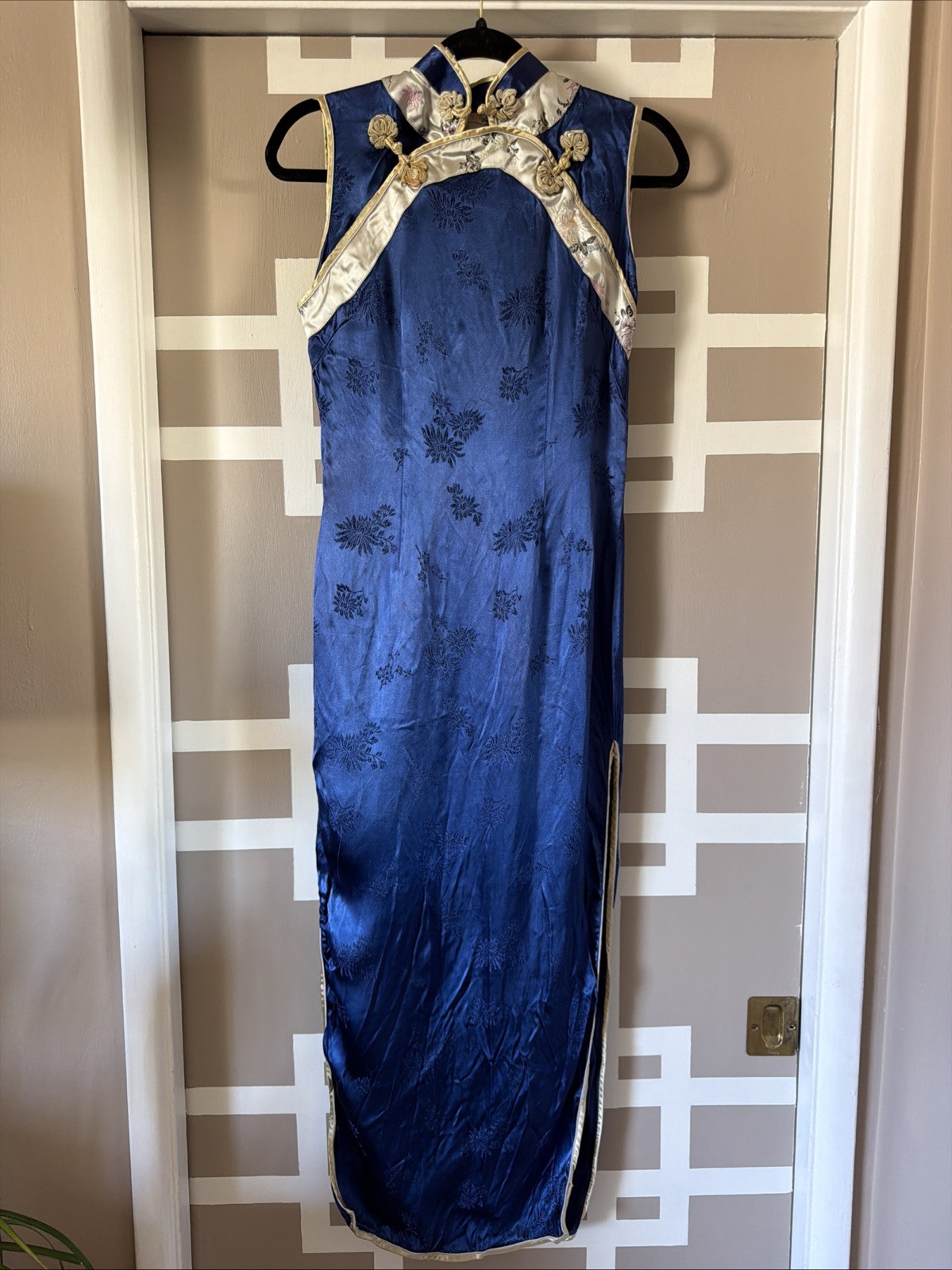 VTG 1960s Traditional Cheongsam/Qipao Dress, Navy & Cream Sz XS