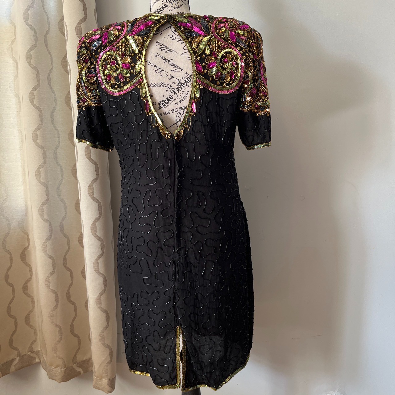 1980s Vintage Lawrence Kazar Sequin & Beaded Black Cocktail Dress Sz: PL