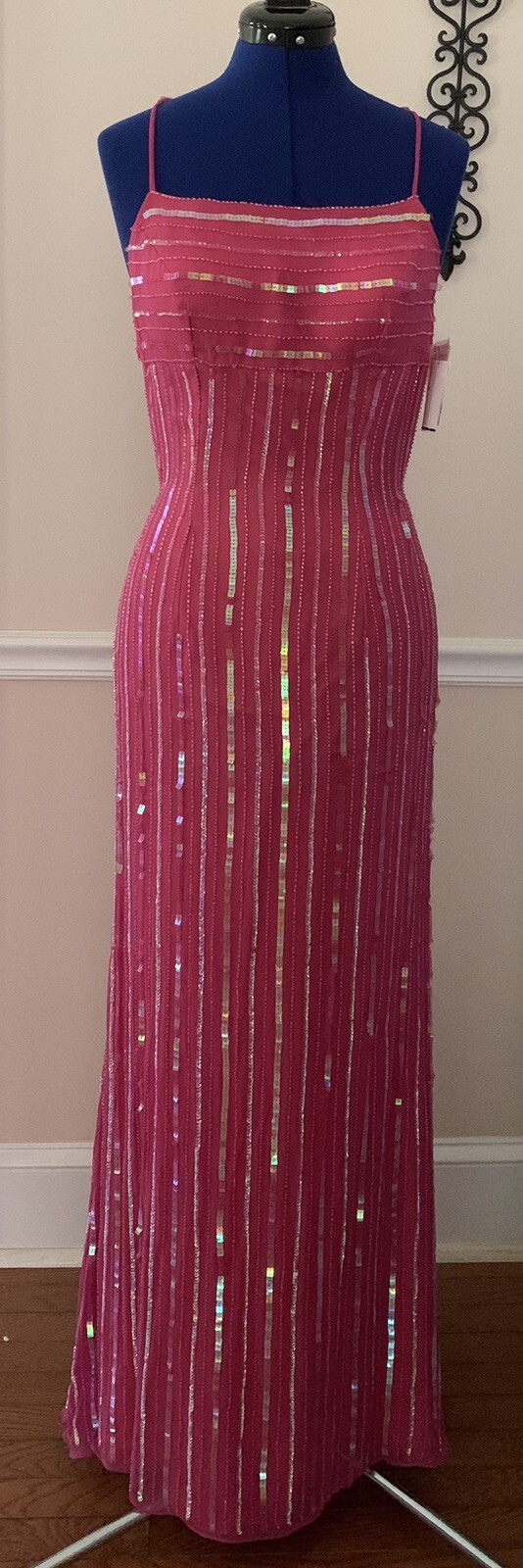 Vintage David’s Bridal Pink 100% Silk Sequins & Beaded Evening Dress Size S NWT