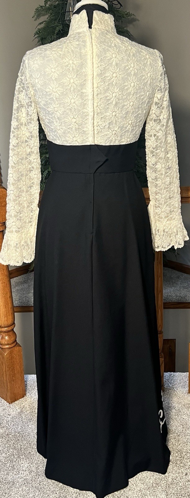 Vintage Custom Made Black Ivory Lace Maxi Dress Front Zip Mod Boho Prairie