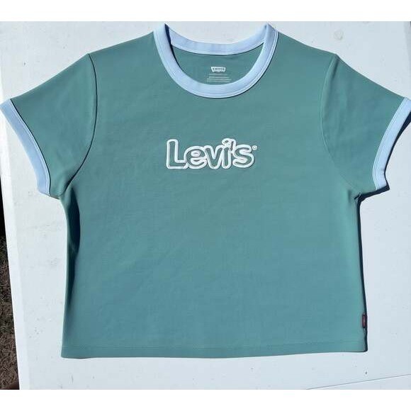 Levi&rsquo;s Ringer T-Shirt Women XL Sage Green Embossed Bubble Logo Retro Tee
