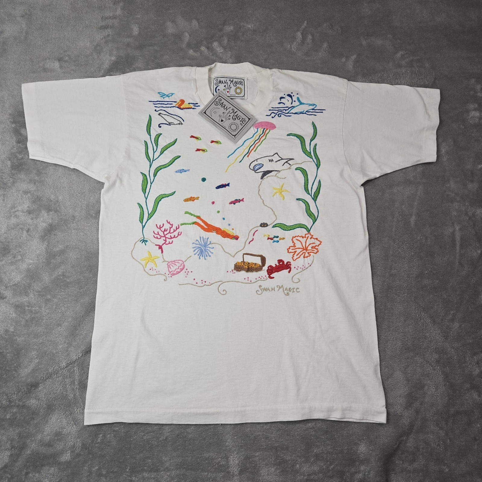 NWT Swan Magic Vtg 1993 Cotton T Shirt Hand Embroidered Ocean Theme One Size