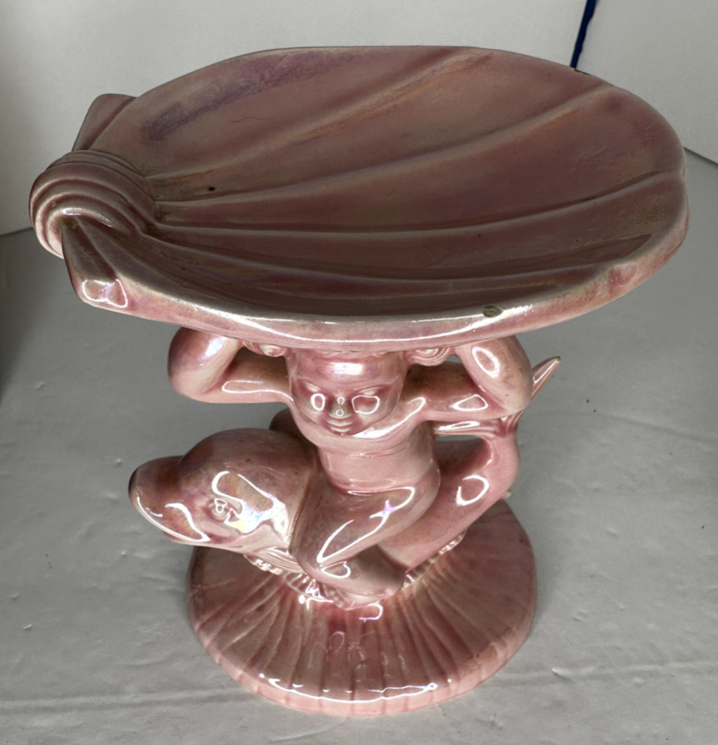 Holland Mold Ceramic Pink Iridescent Cherub on Dolphin Trinket Soap Dish – 1979