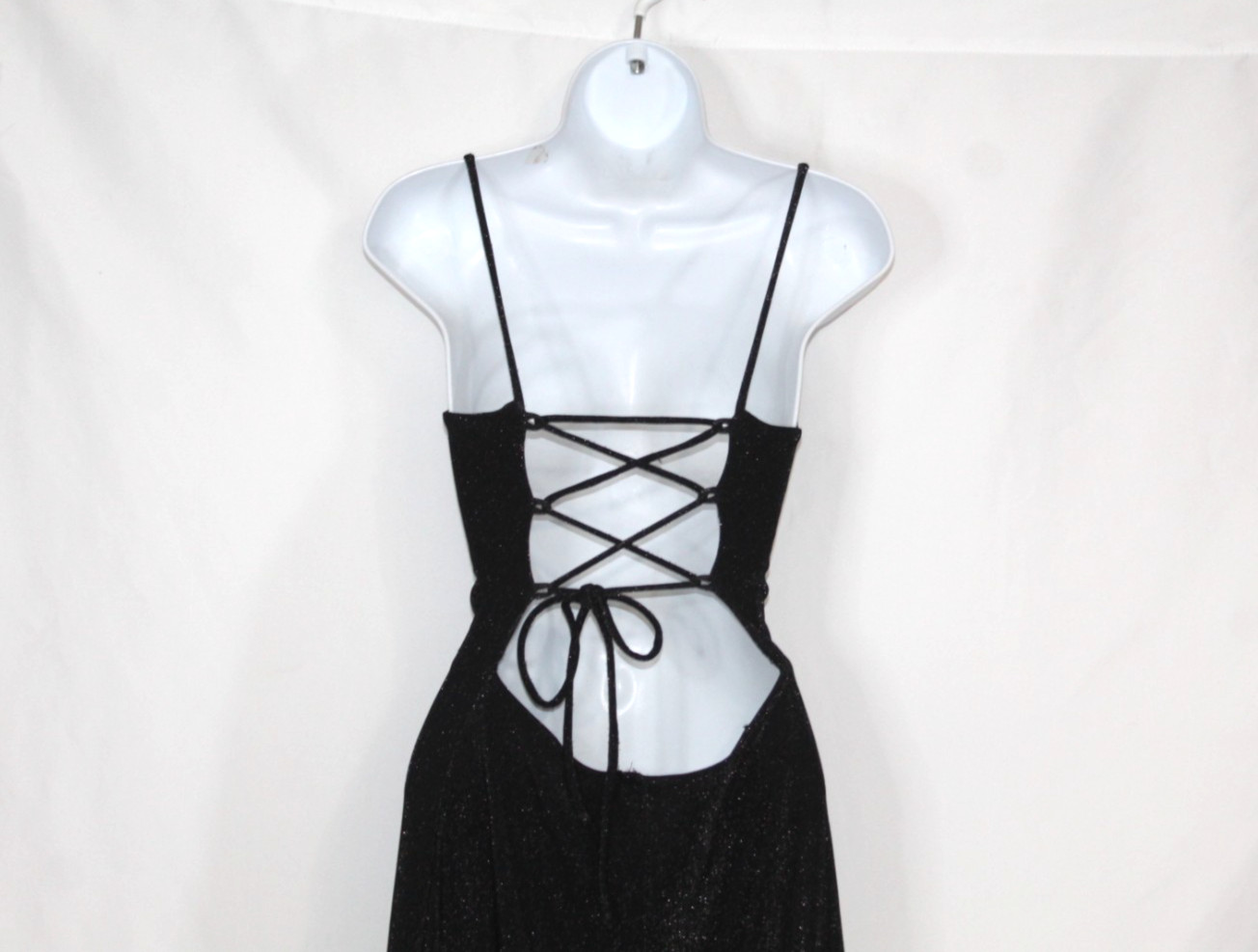 Vintage 90s column dress black metallic long lace up open back leg slit formal