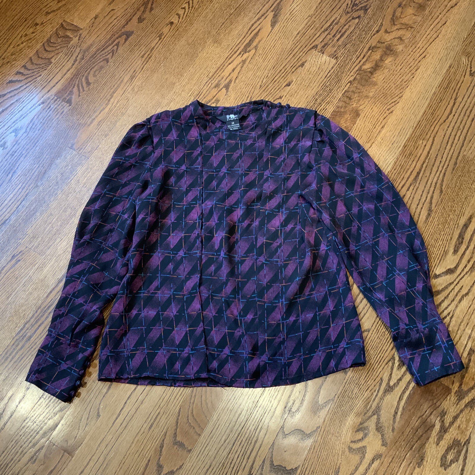 Vintage 80s 90s Women&rsquo;s Blouse Sz 10 Geometric Balloon Sleeve Academia Goth Punk