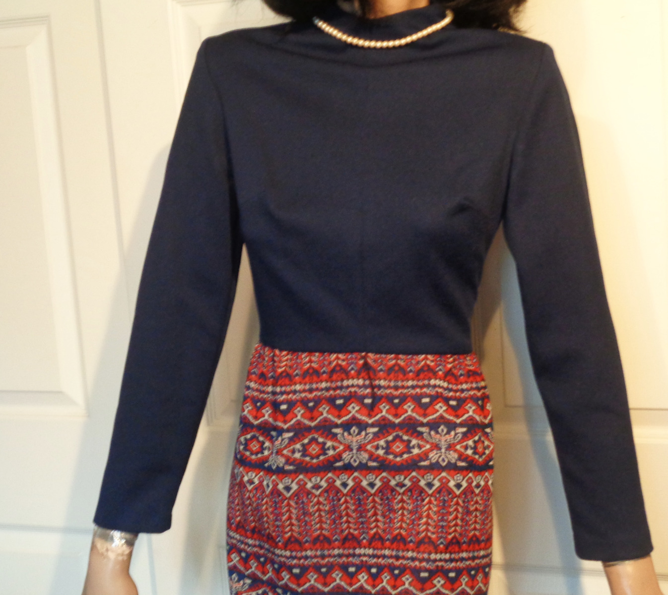 Vintage Long Polyester Knit Red Blue Hostess Dress B36 A Yardley Fashion 10