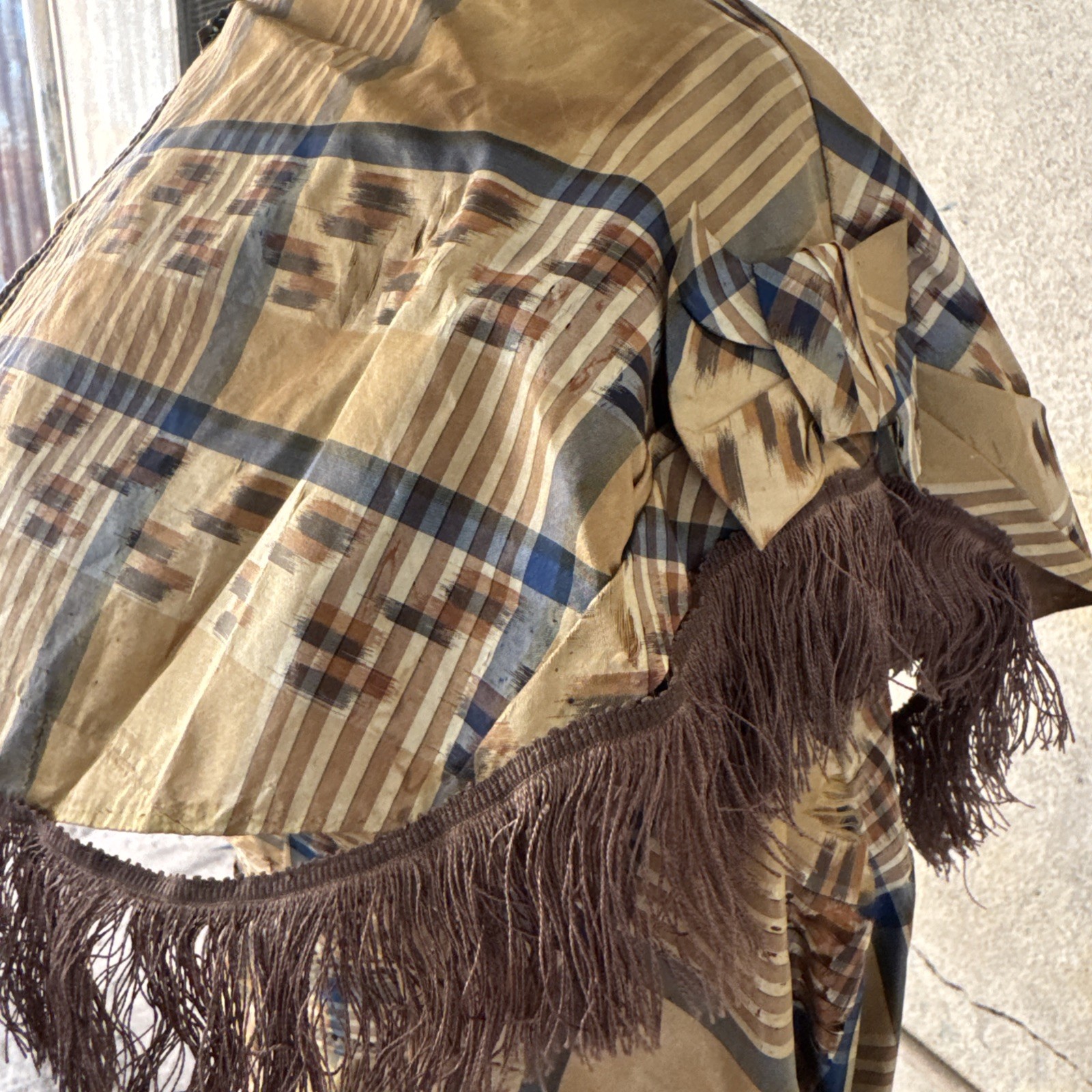 Antique Victorian Brown & Blue Plaid Silk Dress & Cape 1860s Vintage
