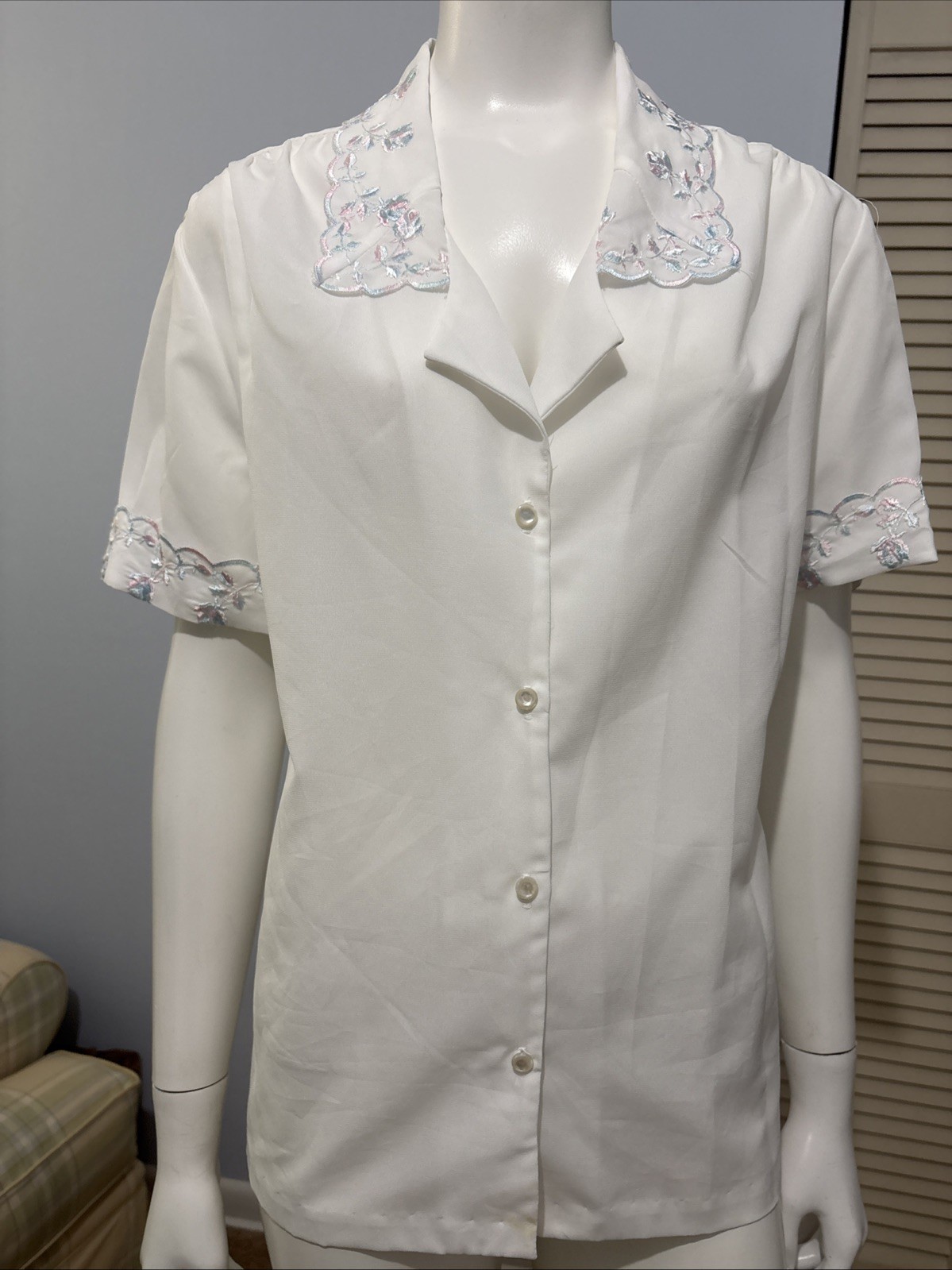 Vintage Lee Mar Pageant White Secretary Blouse Embroidered Women&rsquo;s L (16)
