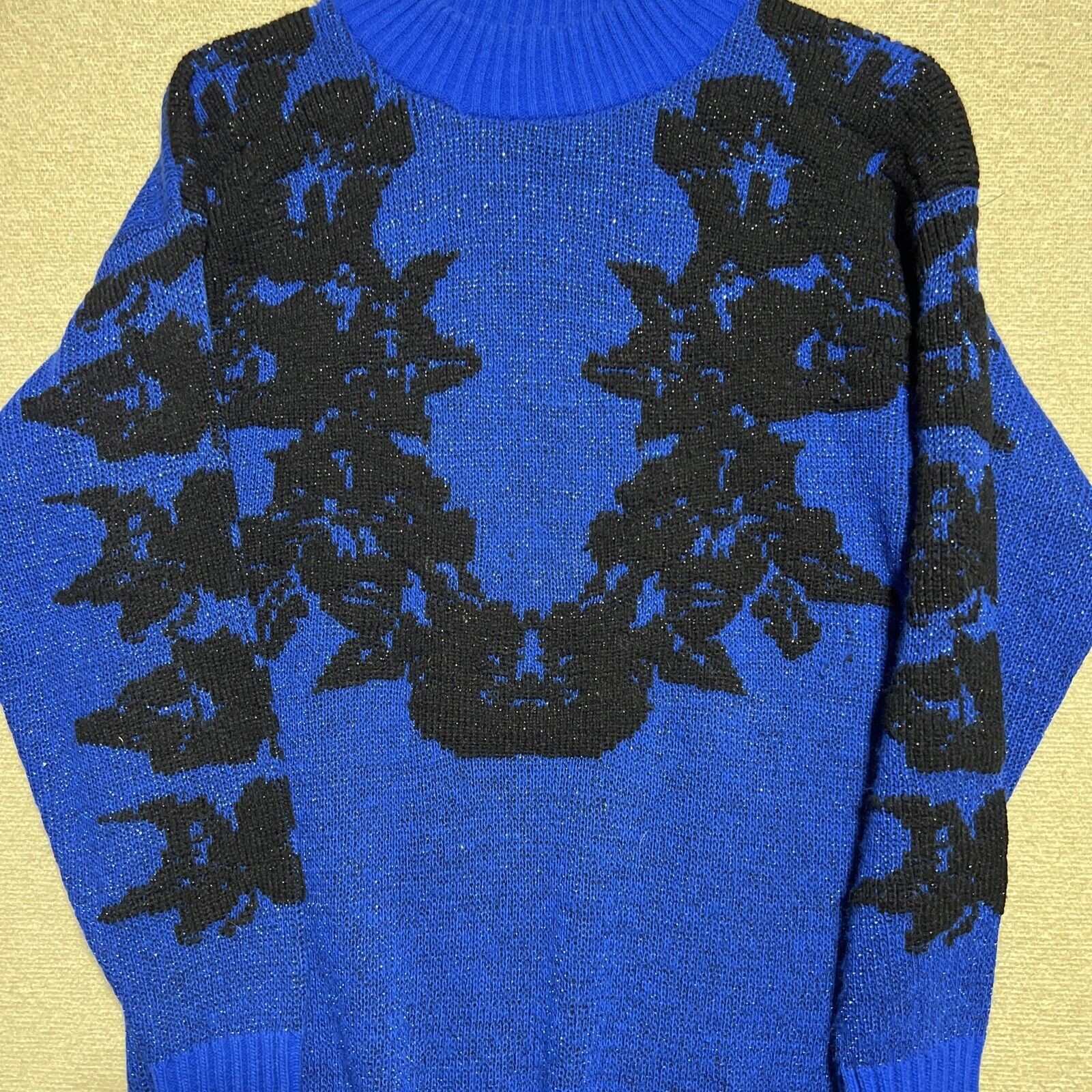 1990s Vintage Ellen D Kollection Women&rsquo;s Sweater Large Med Blue Lurex Mock Lg