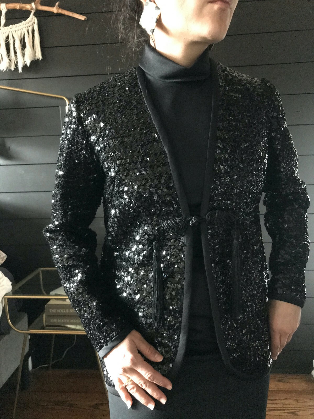 Vintage 1960s Black Sequin Jacket and Maxi Dress Set XS Evening Glam