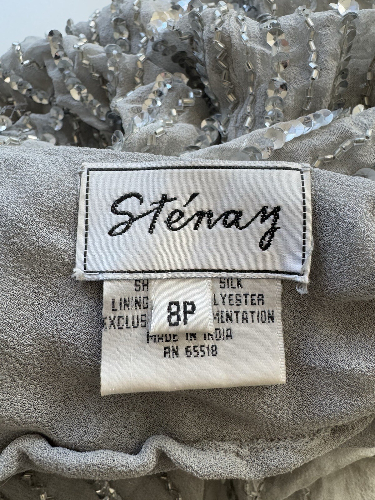 Vintage 90s Stenay Silver Grey Beaded Sequin Party Cocktail Gatsby Dress Size 8P