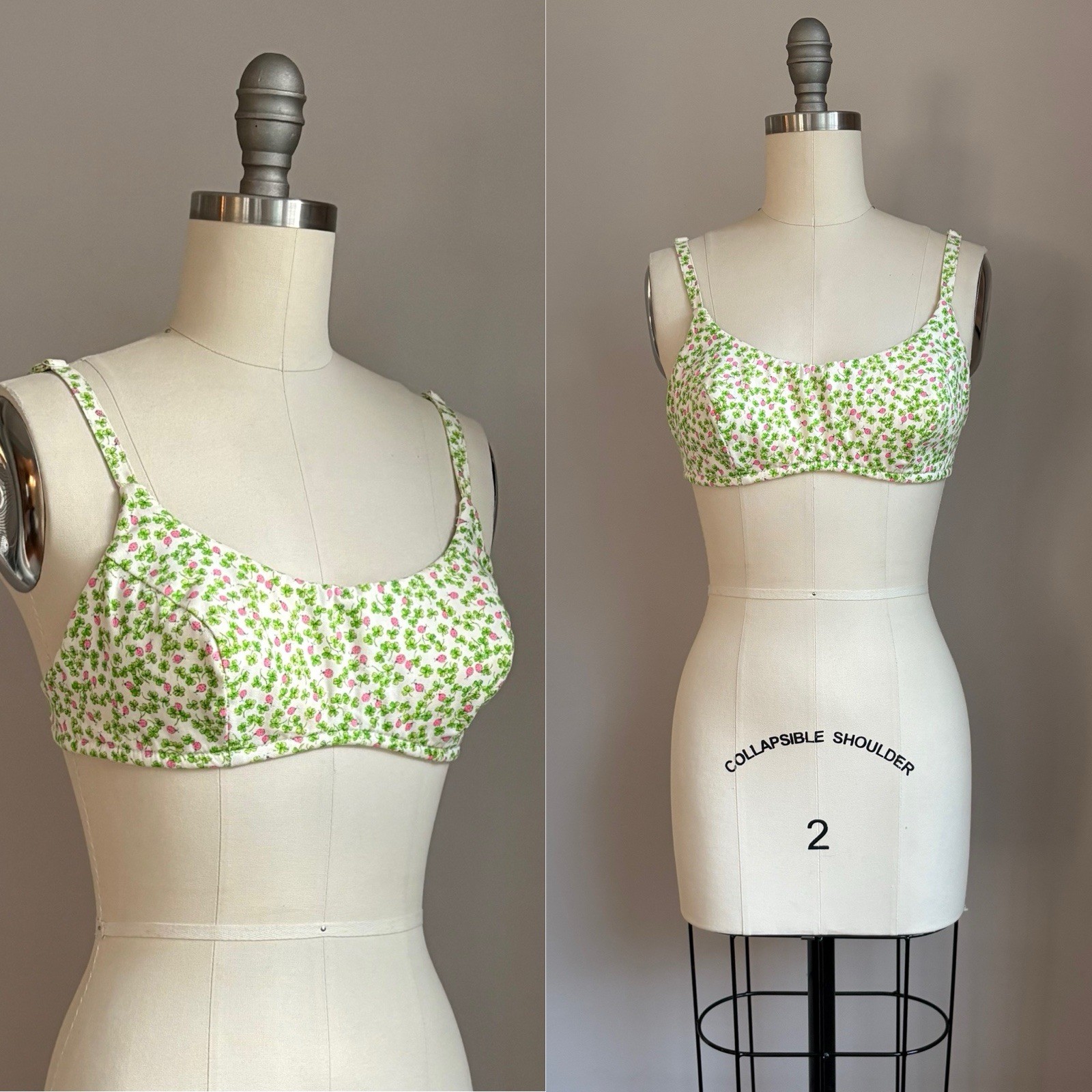 Vintage 1960’s Four Leaf Clover Shamrock & Pink Ladybug Bikini Halter Top XS