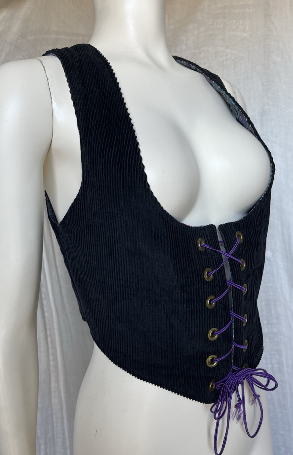 Vintage 70s Corset Vest Underbust Waistcoat Handmade Reversible Goth Festival S