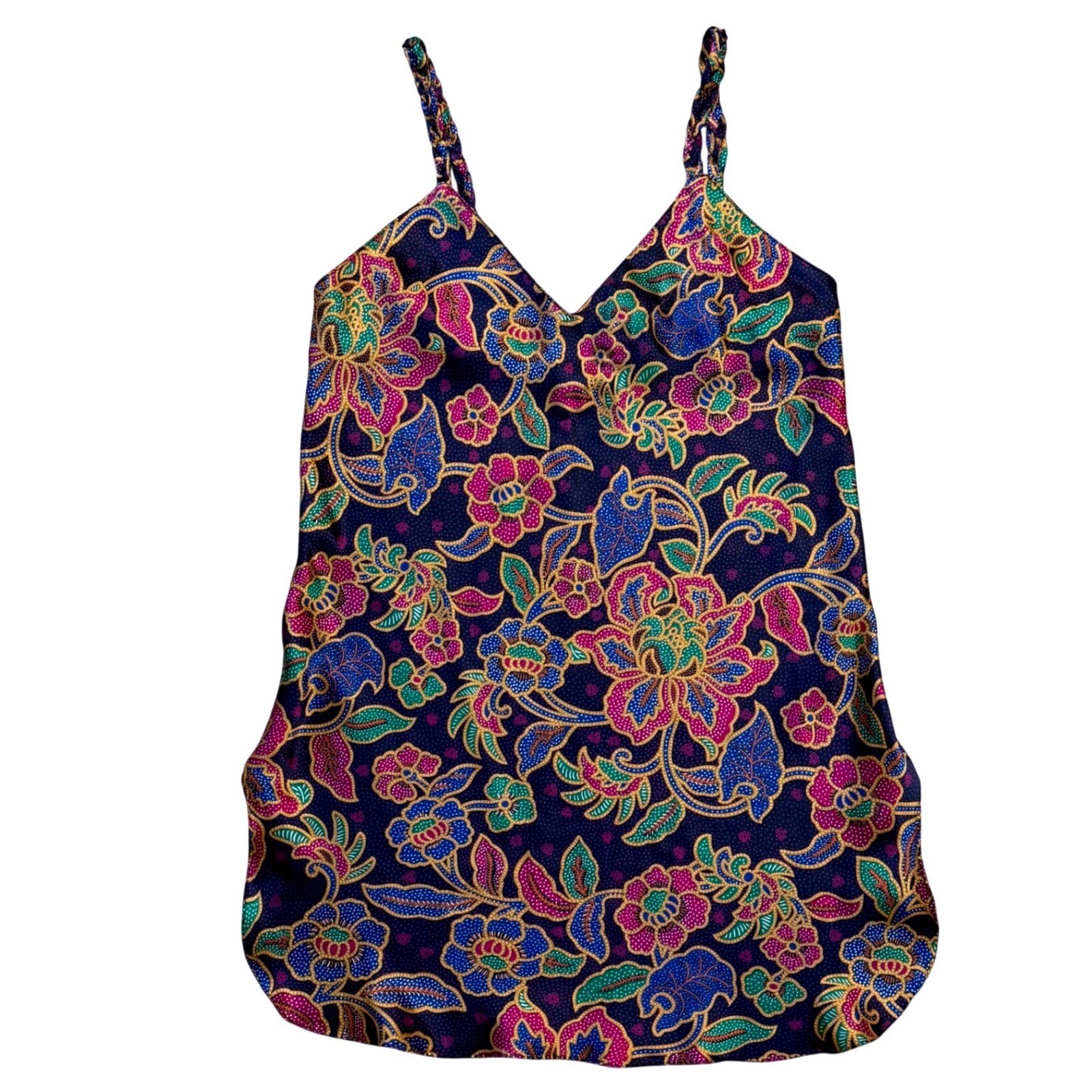 California Dynasty Vintage Batik Floral Chemise Nightgown Braided Straps Navy S