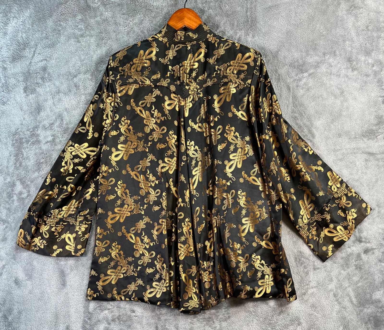 Dynasty Hong Kong Silk Jacket 16 20×28 Black Gold Mandarin Frog Closure Vtg 60s*