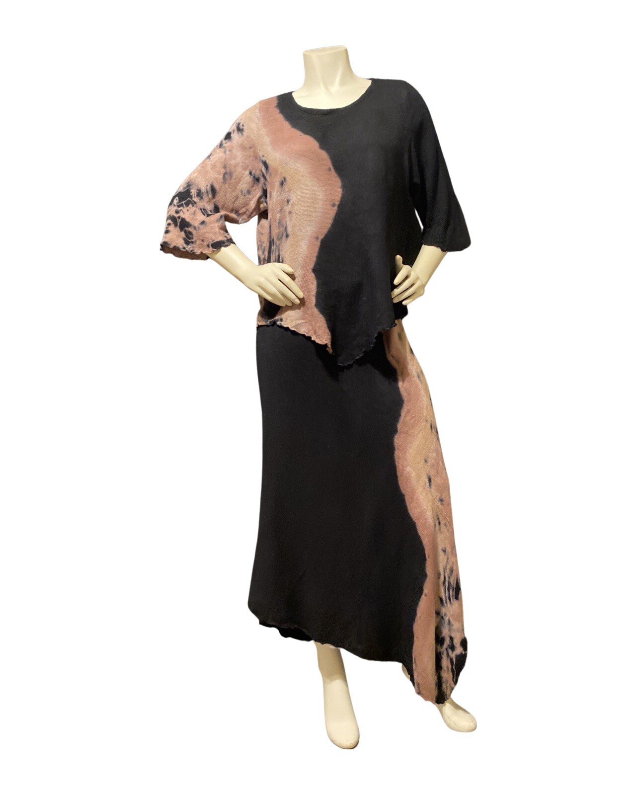 Vintage Tie Dye 2 Piece Tunic & Skirt Tencel Black & Beige XL Haute Hippie BOHO