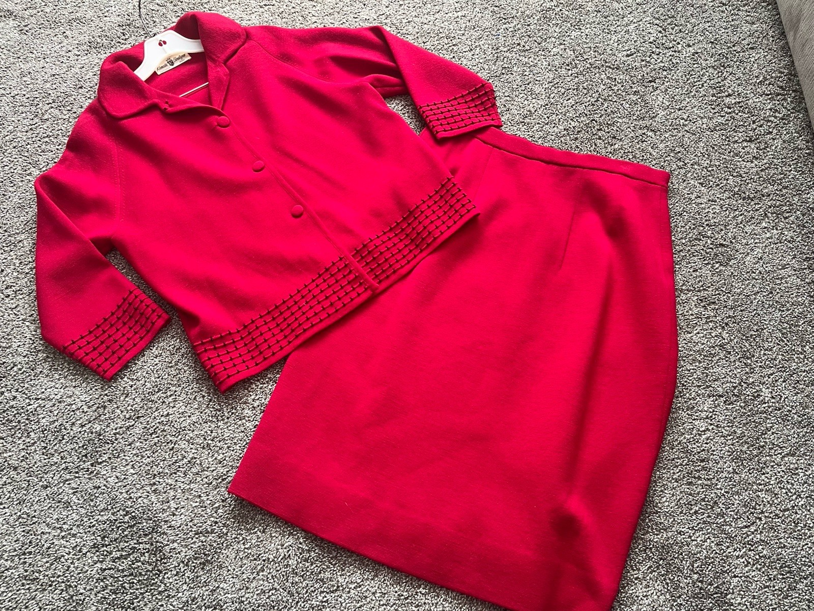 Vtg Renata Boutique Knitwear Roma PURA LANA Red Dress Suit Beaded Made Italy