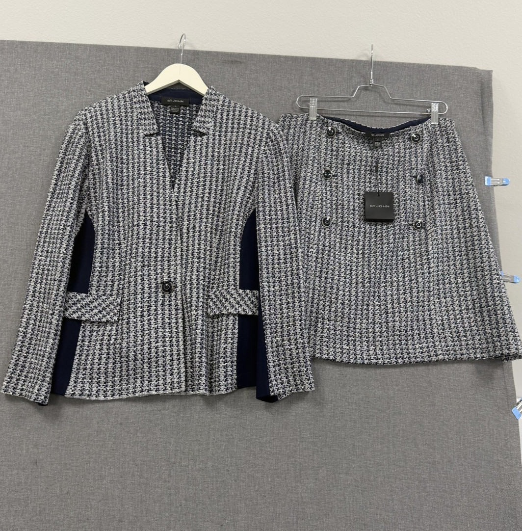 NWT St. John Skirt Suit Set Womens 16 Gray Navy Tweed Boucle Jacket K71U031