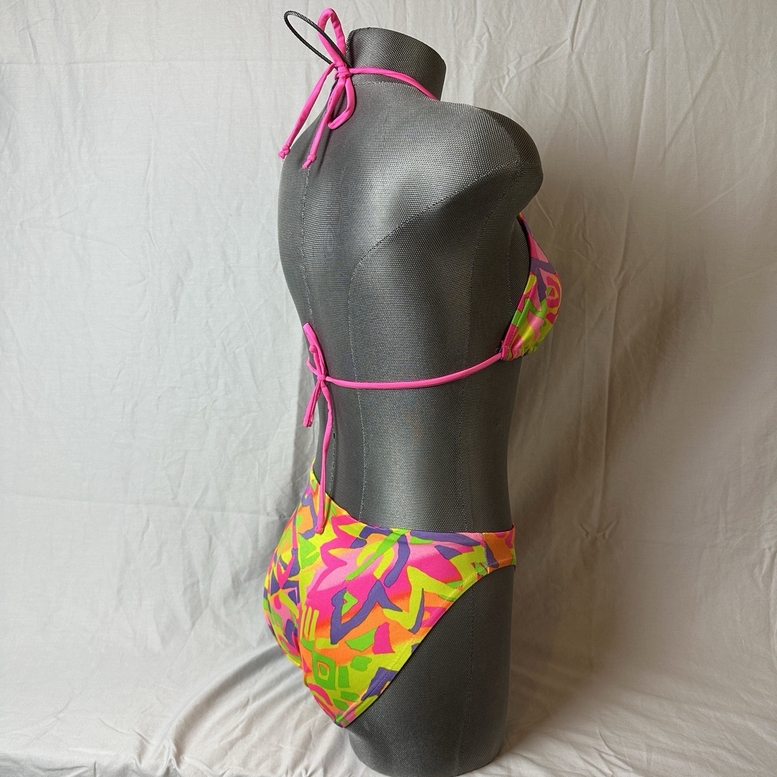 Vtg 90s St Tropez String Bikini Swimsuit Neon Abstract Sz 11/12 Triangle Tie