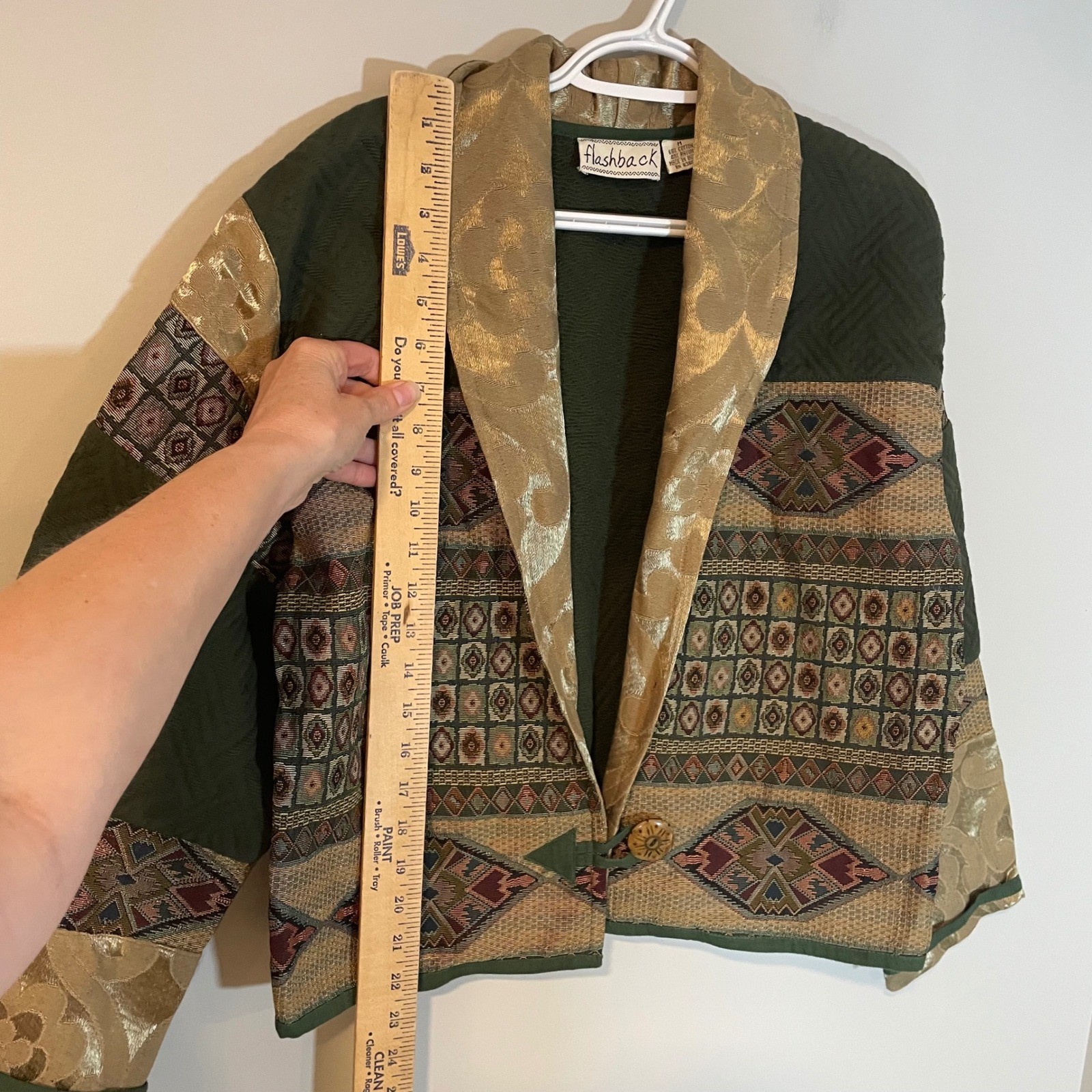 Flashback Vintage Tapestry Patchwork Jacket Green Gold Boho Art To Wear Medium